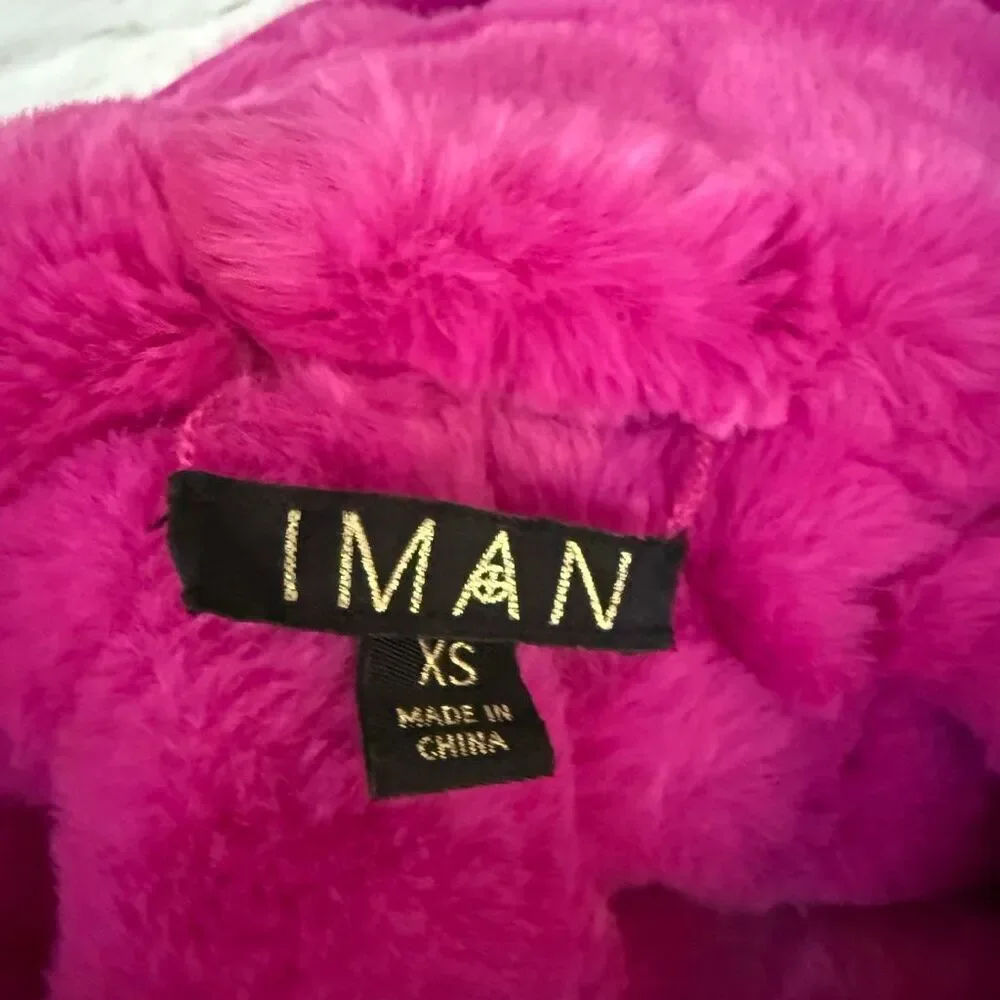 IMAN Faux Fur Coat fuchsia Reversible Hooded Quilted Jacket Womens Sz XS NWOT